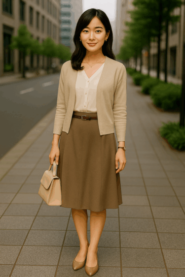 秋先取り通勤コーデ：薄手ブラウス×軽めカーディガンで清楚＆上品に