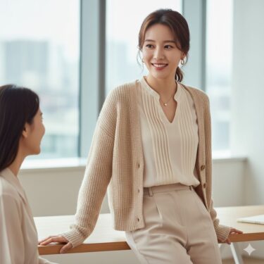 1週間を華やぐ【上品透け感ブラウス】着回し術②カーディガンで柔らかフェミニンを纏う