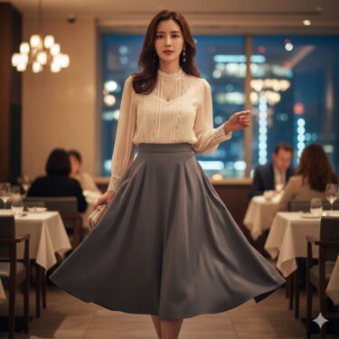 1週間を華やぐ【上品透け感ブラウス】着回し術⑤フレアスカートで大人可憐に魅せる