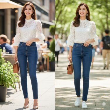 1週間を華やぐ【上品透け感ブラウス】着回し術⑥デニムで抜け感カジュアルを楽しむ