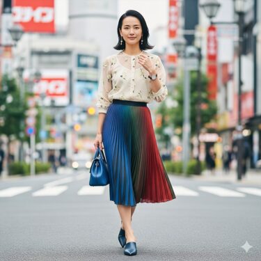 「透け感ブラウス」×「柄スカート」⑩プリーツスカートで「輝き」をまとう