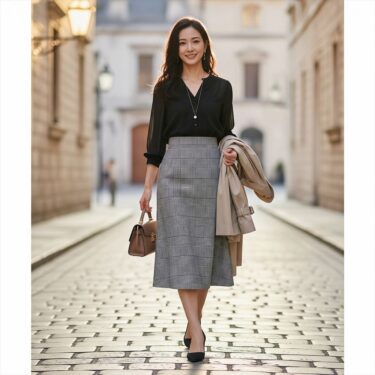「透け感ブラウス」×「柄スカート」⑤チェック柄スカートで「クラシカル」を再定義する