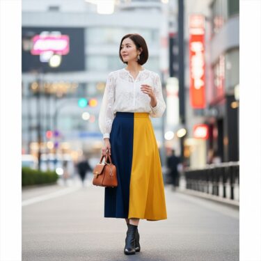 「透け感ブラウス」×「柄スカート」②ツートーンスカートで「陰と陽」を操る