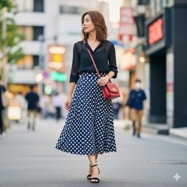 「透け感ブラウス」×「柄スカート」⑨ドット柄スカートで「無邪気な好奇心」を表現する